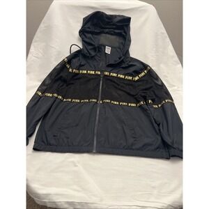 PINK Victoria's Secret Black Gold Logo Zip Mesh Hooded Windbreaker Jacket Sz M/L